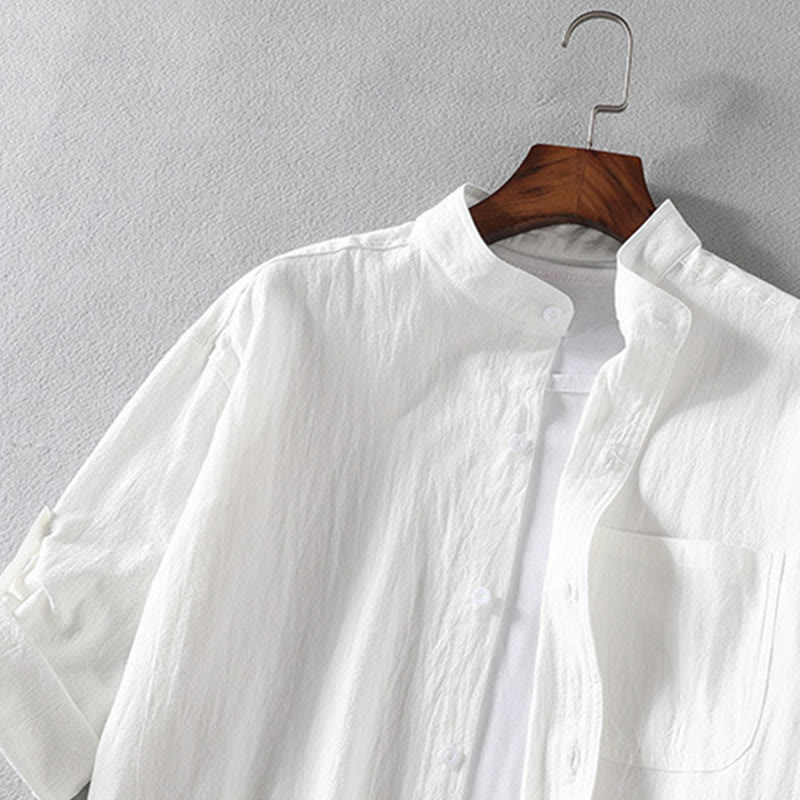 Koszula męska z bawełny i lnu Buddha Stones Vintage Casual Single Breasted z trzema czwartymi rękawami i kieszenią - image 3