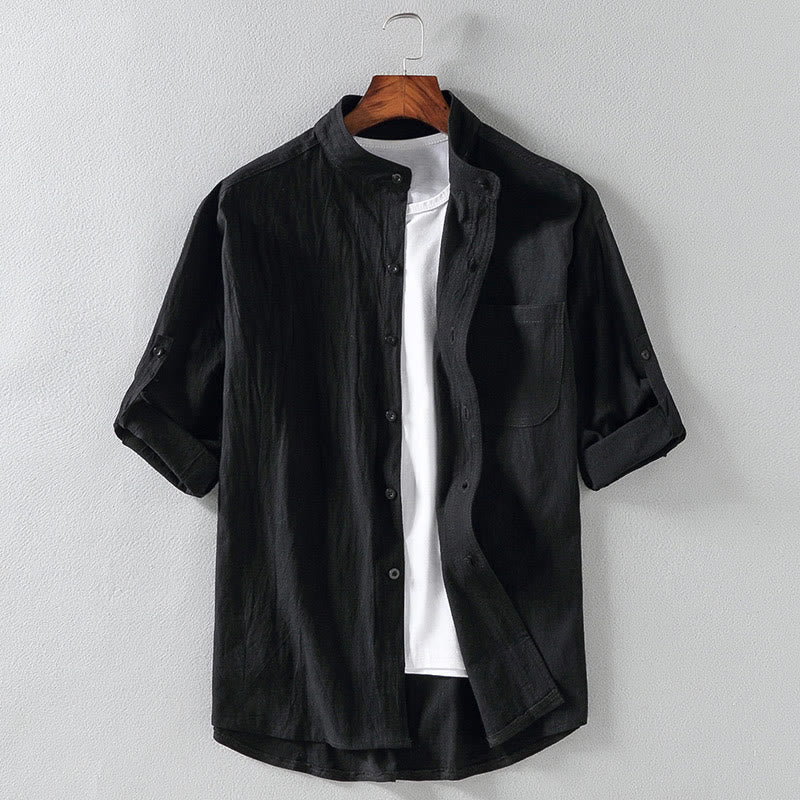 Koszula męska z bawełny i lnu Buddha Stones Vintage Casual Single Breasted z trzema czwartymi rękawami i kieszenią
