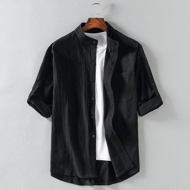 Koszula męska z bawełny i lnu Buddha Stones Vintage Casual Single Breasted z trzema czwartymi rękawami i kieszenią