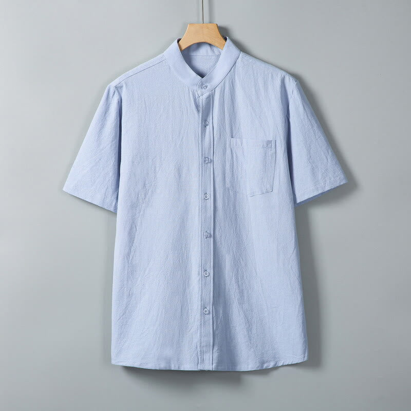 Koszula męska z krótkim rękawem z bawełny i lnu z nadrukiem w jednolitym kolorze i Buddha Stones - LightSkyBlue - US/UK/AU46， EU56 (5XL) - image 13
