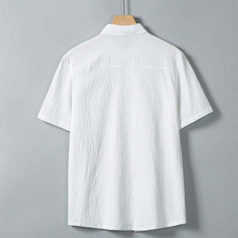 Koszula męska z krótkim rękawem z bawełny i lnu z nadrukiem w jednolitym kolorze i Buddha Stones - image 2