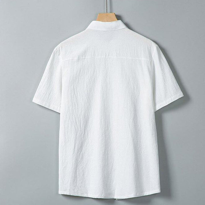 Koszula męska z krótkim rękawem z bawełny i lnu z nadrukiem w jednolitym kolorze i Buddha Stones - image 2