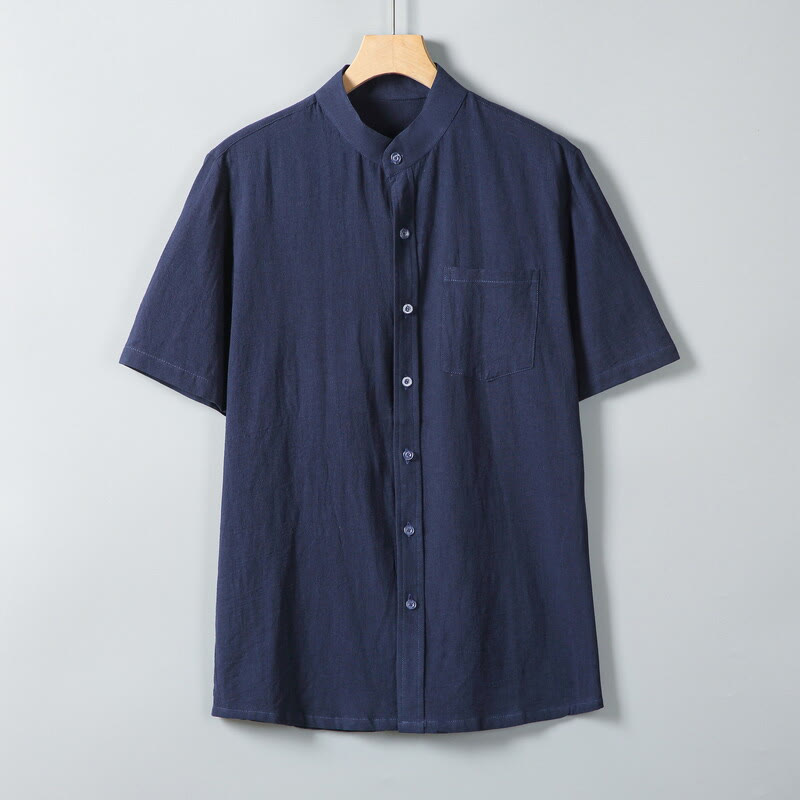 Koszula męska z krótkim rękawem z bawełny i lnu z nadrukiem w jednolitym kolorze i Buddha Stones - Marynarka wojenna - US/UK/AU46， EU56 (5XL) - image 15
