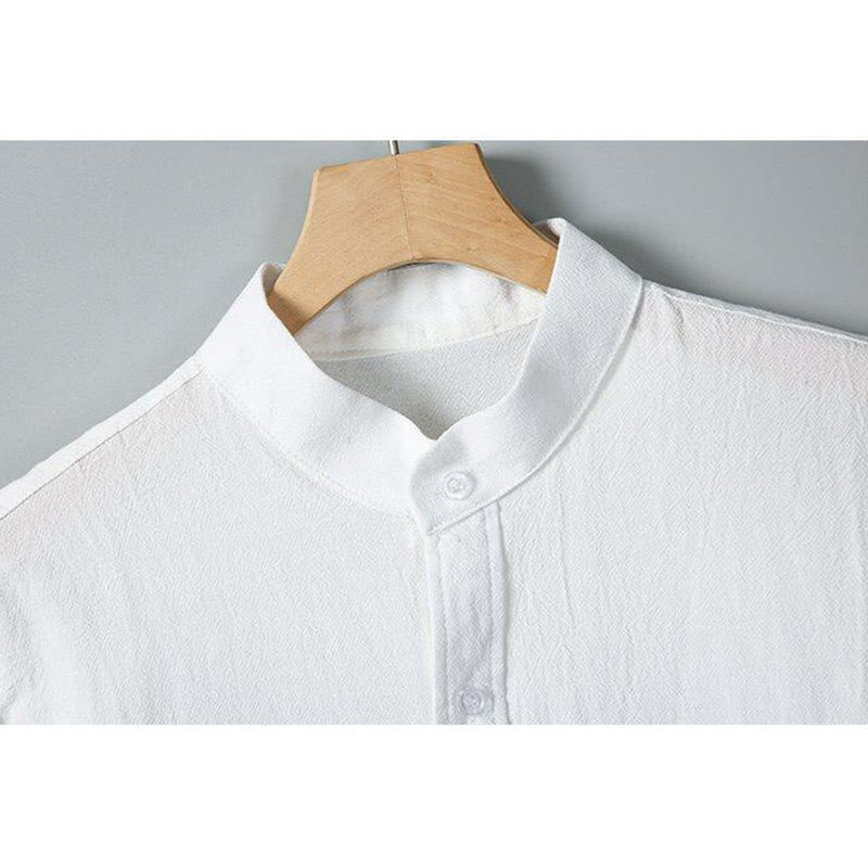 Koszula męska z krótkim rękawem z bawełny i lnu z nadrukiem w jednolitym kolorze i Buddha Stones - image 3