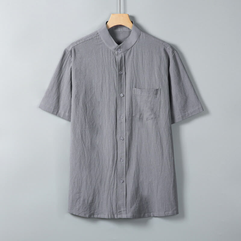 Koszula męska z krótkim rękawem z bawełny i lnu z nadrukiem w jednolitym kolorze i Buddha Stones - Ciemnoszary - US/UK/AU46， EU56 (5XL) - image 0