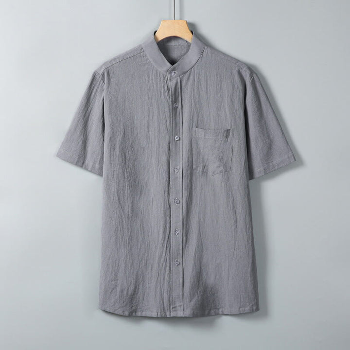 Koszula męska z krótkim rękawem z bawełny i lnu z nadrukiem w jednolitym kolorze i Buddha Stones - Ciemnoszary - US/UK/AU46， EU56 (5XL) - image 0