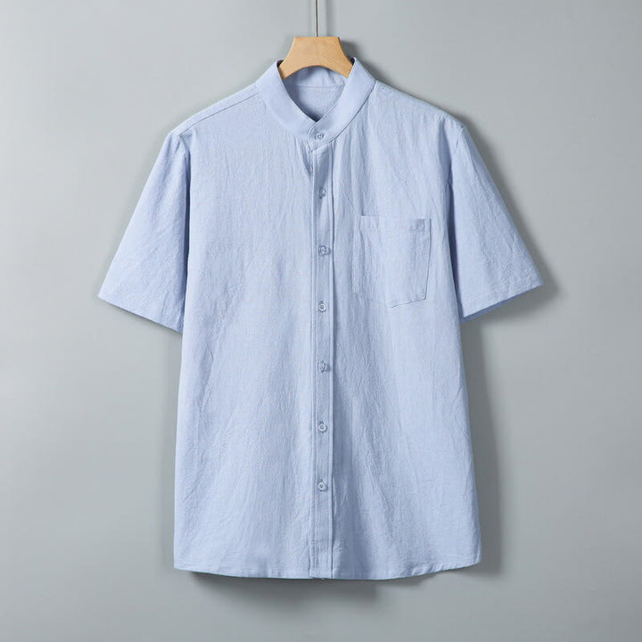 Koszula męska z krótkim rękawem z bawełny i lnu z nadrukiem w jednolitym kolorze i Buddha Stones - LightSkyBlue - US/UK/AU46， EU56 (5XL) - image 13