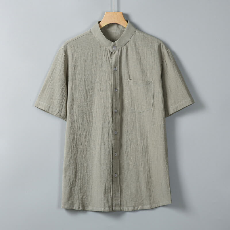 Koszula męska z krótkim rękawem z bawełny i lnu z nadrukiem w jednolitym kolorze i Buddha Stones - Ciemny Khaki - US/UK/AU46， EU56 (5XL) - image 12
