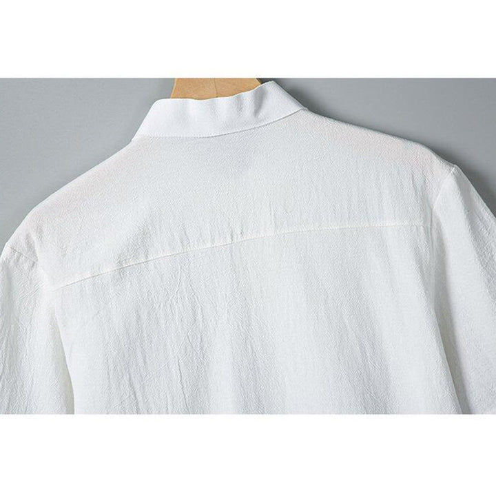 Koszula męska z krótkim rękawem z bawełny i lnu z nadrukiem w jednolitym kolorze i Buddha Stones - image 4