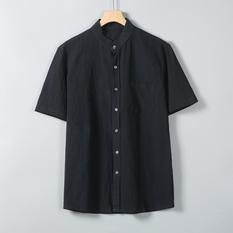Koszula męska z krótkim rękawem z bawełny i lnu z nadrukiem w jednolitym kolorze i Buddha Stones - Czarny - US/UK/AU46， EU56 (5XL) - image 8