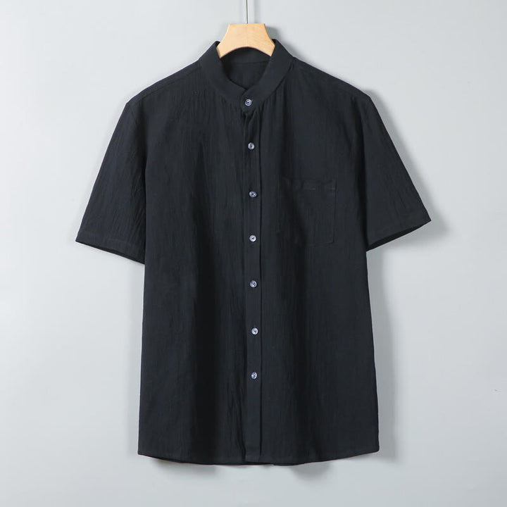 Koszula męska z krótkim rękawem z bawełny i lnu z nadrukiem w jednolitym kolorze i Buddha Stones - Czarny - US/UK/AU46， EU56 (5XL) - image 8