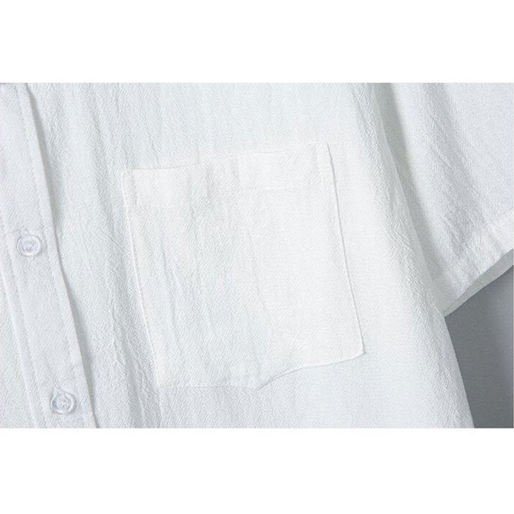 Koszula męska z krótkim rękawem z bawełny i lnu z nadrukiem w jednolitym kolorze i Buddha Stones - image 5