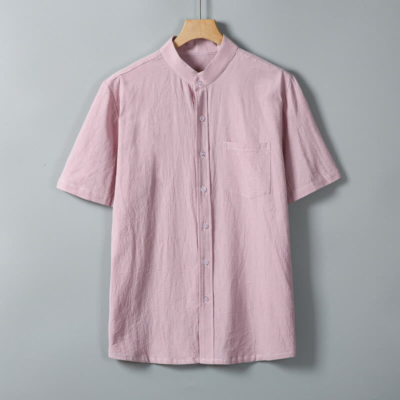 Koszula męska z krótkim rękawem z bawełny i lnu z nadrukiem w jednolitym kolorze i Buddha Stones - Różowy - US/UK/AU46， EU56 (5XL) - image 10