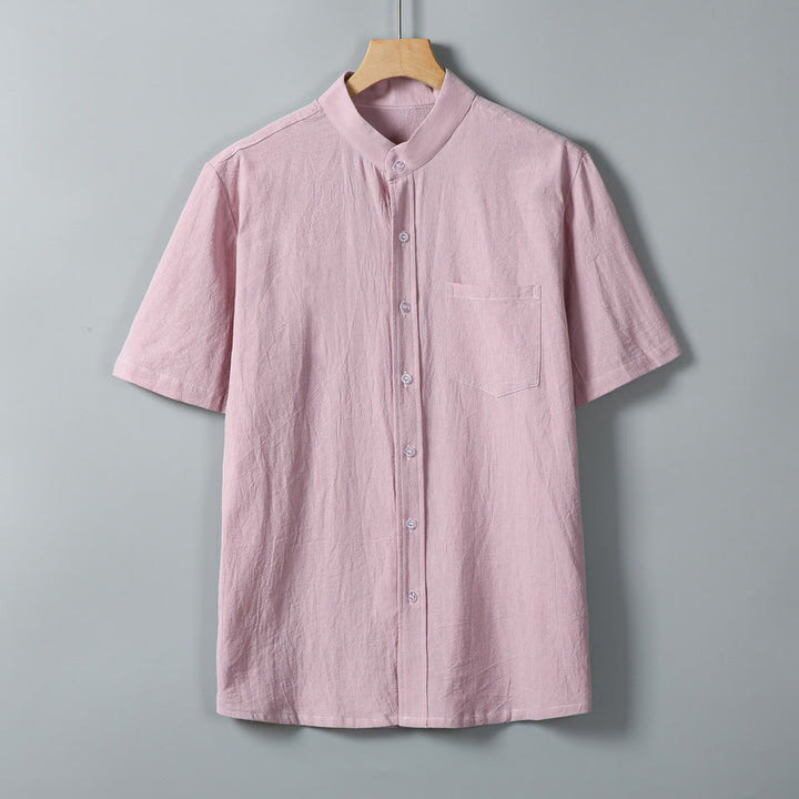 Koszula męska z krótkim rękawem z bawełny i lnu z nadrukiem w jednolitym kolorze i Buddha Stones - Różowy - US/UK/AU46， EU56 (5XL) - image 10