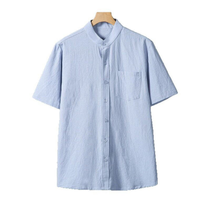 Koszula męska z krótkim rękawem z bawełny i lnu z nadrukiem w jednolitym kolorze i Buddha Stones - image 14