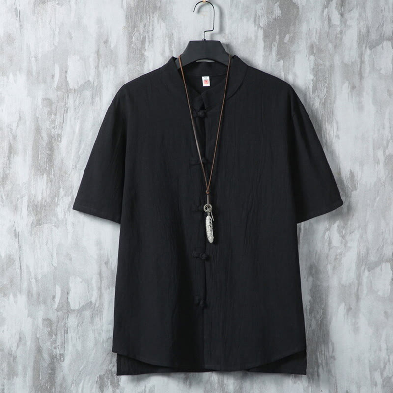 Koszula męska z krótkim rękawem z bawełny i lnu Buddha Stones Daily Casual Plain Chinese Frog-Button - Czarny - US/UK/AU46， EU56 (5XL) - image 10