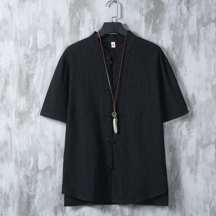 Koszula męska z krótkim rękawem z bawełny i lnu Buddha Stones Daily Casual Plain Chinese Frog-Button - Czarny - US/UK/AU46， EU56 (5XL) - image 10