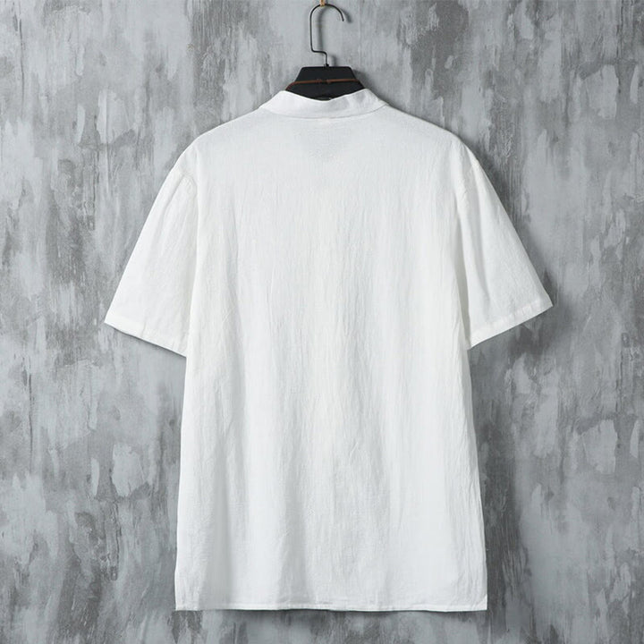 Koszula męska z krótkim rękawem z bawełny i lnu Buddha Stones Daily Casual Plain Chinese Frog-Button - image 2