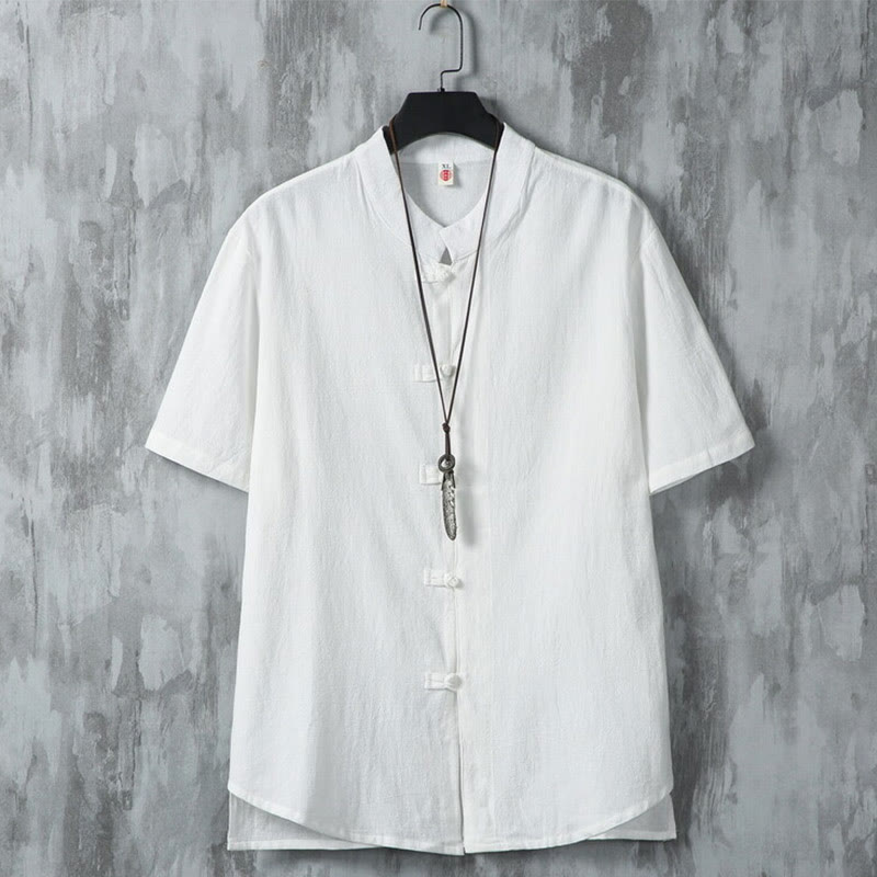 Koszula męska z krótkim rękawem z bawełny i lnu Buddha Stones Daily Casual Plain Chinese Frog-Button - Biały - US/UK/AU46， EU56 (5XL) - image 1