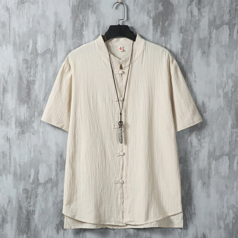 Koszula męska z krótkim rękawem z bawełny i lnu Buddha Stones Daily Casual Plain Chinese Frog-Button - Jasnozłoty - US/UK/AU46， EU56 (5XL) - image 0