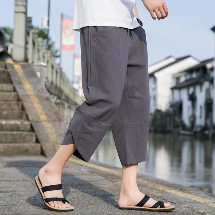 Buddha Stones Letnie swobodne proste gładkie zwężane spodnie męskie ze ściągaczem 7-8 długości bawełniane lniane z kieszeniami - DimGray - US/UK/AU46， EU56 (5XL) - image 9