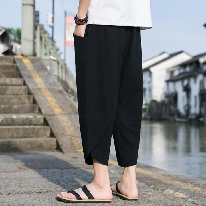 Buddha Stones Letnie swobodne proste gładkie zwężane spodnie męskie ze ściągaczem 7-8 długości bawełniane lniane z kieszeniami - image 7