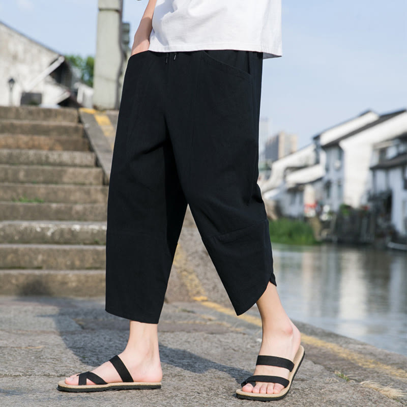 Buddha Stones Letnie swobodne proste gładkie zwężane spodnie męskie ze ściągaczem 7-8 długości bawełniane lniane z kieszeniami - image 5