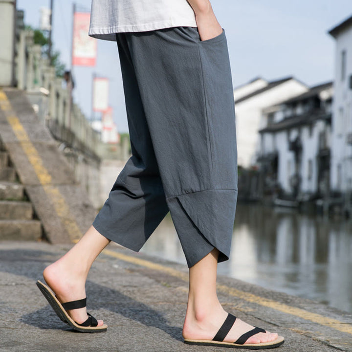 Buddha Stones Letnie swobodne proste gładkie zwężane spodnie męskie ze ściągaczem 7-8 długości bawełniane lniane z kieszeniami - image 2