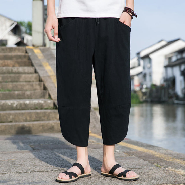 Buddha Stones Letnie swobodne proste gładkie zwężane spodnie męskie ze ściągaczem 7-8 długości bawełniane lniane z kieszeniami - image 6