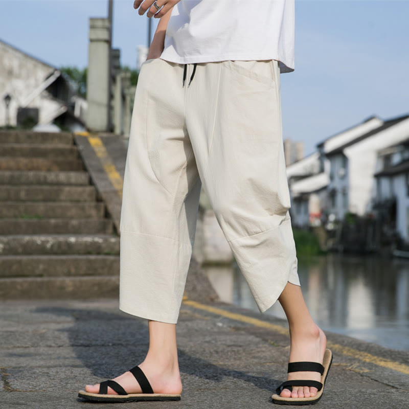 Buddha Stones Letnie swobodne proste gładkie zwężane spodnie męskie ze ściągaczem 7-8 długości bawełniane lniane z kieszeniami - image 17