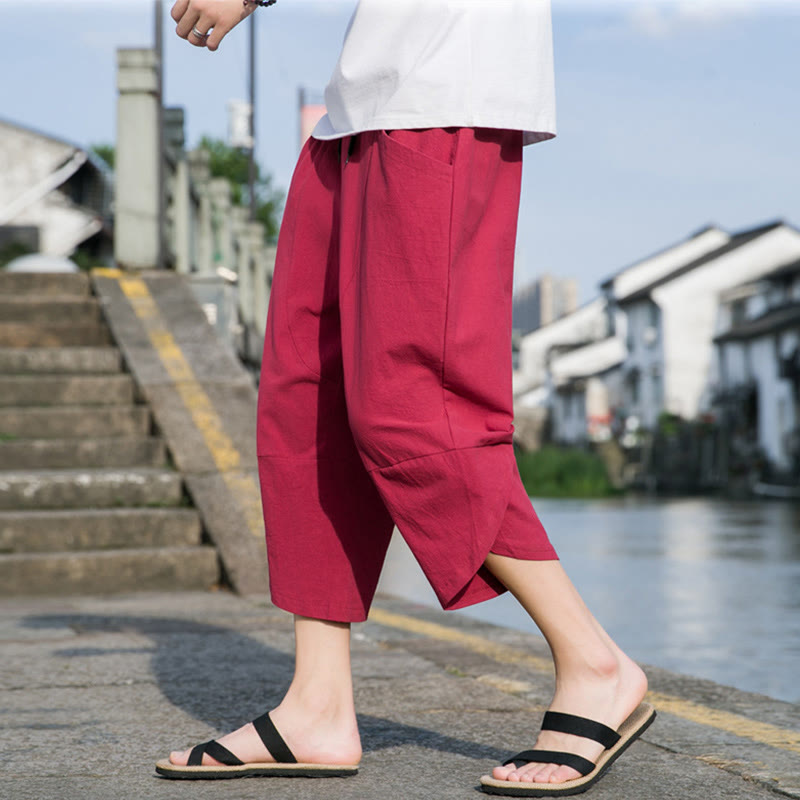 Buddha Stones Letnie swobodne proste gładkie zwężane spodnie męskie ze ściągaczem 7-8 długości bawełniane lniane z kieszeniami - Karmazynowy - US/UK/AU46， EU56 (5XL) - image 21