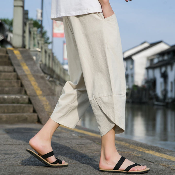 Buddha Stones Letnie swobodne proste gładkie zwężane spodnie męskie ze ściągaczem 7-8 długości bawełniane lniane z kieszeniami - image 18