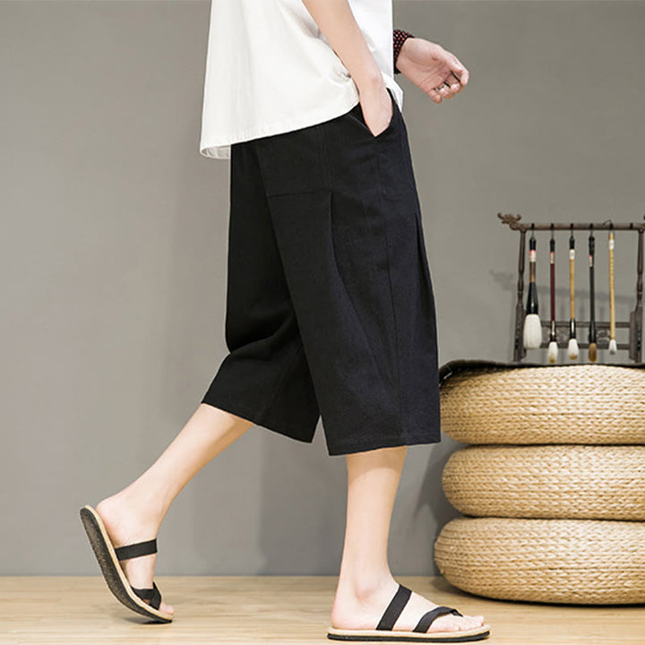 Buddha Stones Casual Lato Ściągacz Jednolity Kolor Krótkie Bawełniane Lniane Męskie Spodnie Harem Z Kieszeniami - image 16