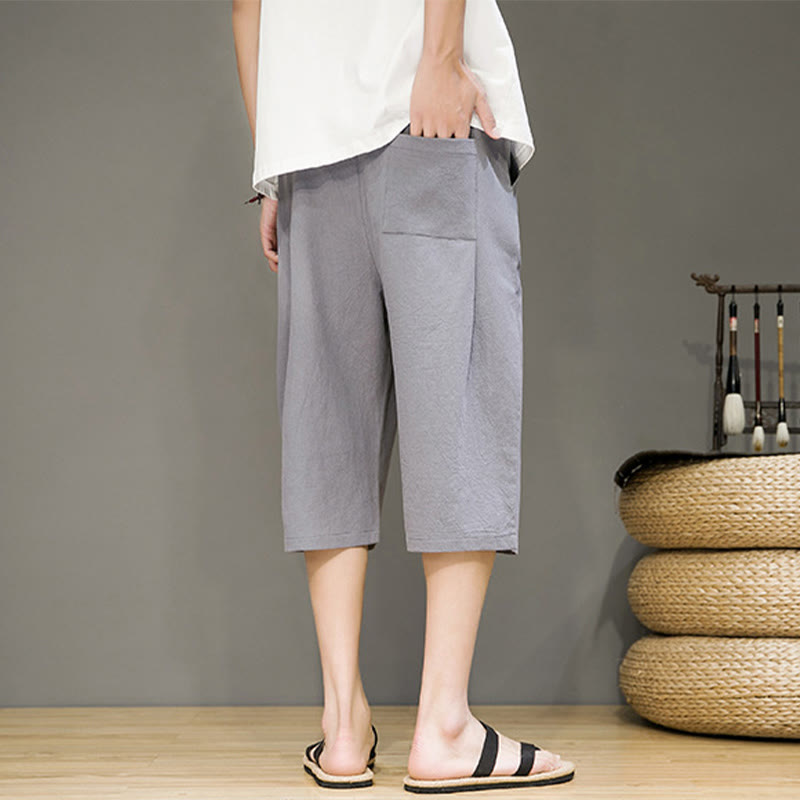 Buddha Stones Casual Lato Ściągacz Jednolity Kolor Krótkie Bawełniane Lniane Męskie Spodnie Harem Z Kieszeniami - image 23