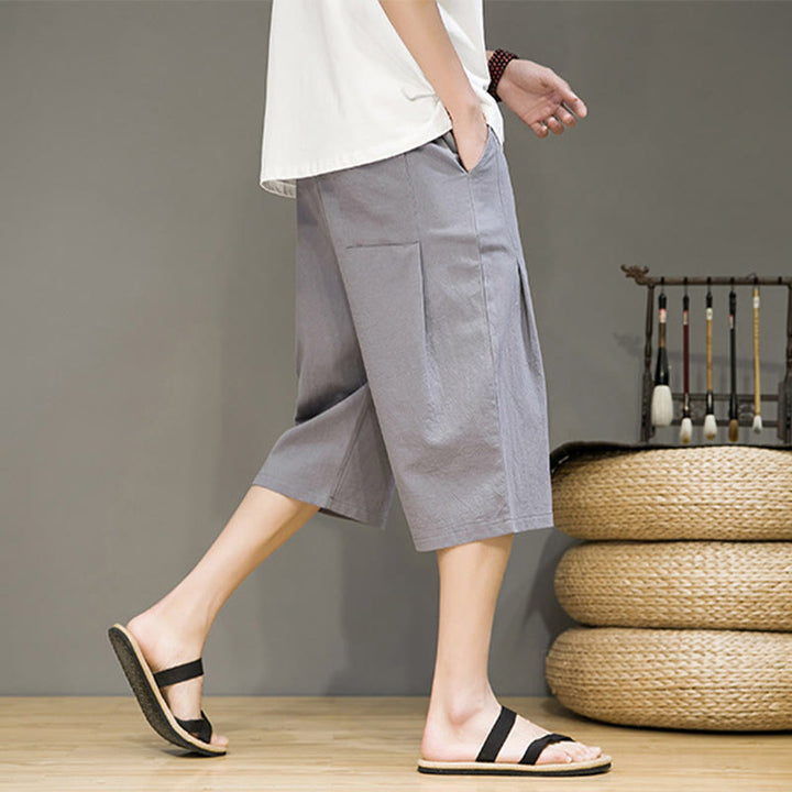 Buddha Stones Casual Lato Ściągacz Jednolity Kolor Krótkie Bawełniane Lniane Męskie Spodnie Harem Z Kieszeniami - image 24