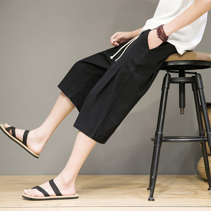 Buddha Stones Casual Lato Ściągacz Jednolity Kolor Krótkie Bawełniane Lniane Męskie Spodnie Harem Z Kieszeniami - Czarny - US/UK/AU46， EU56 (5XL) - image 13