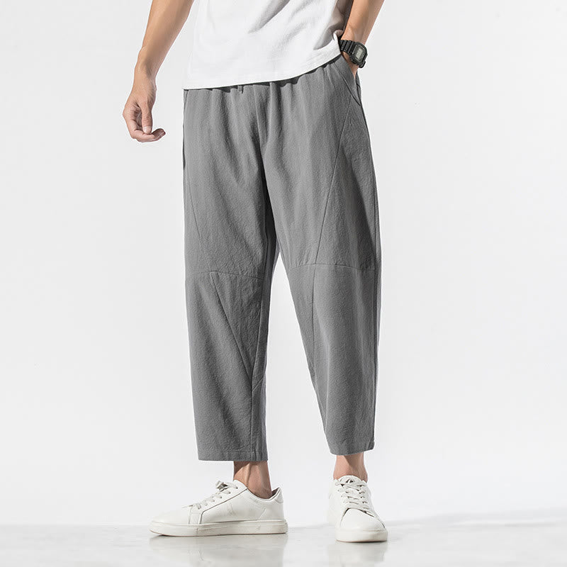 Buddha Stones Vintage Jacquard Jednolity Kolor Ściągacz Bawełna Len Męskie Spodnie Harem Z Kieszeniami - Ciemnoszary - US/UK/AU46， EU56 (5XL) - image 0