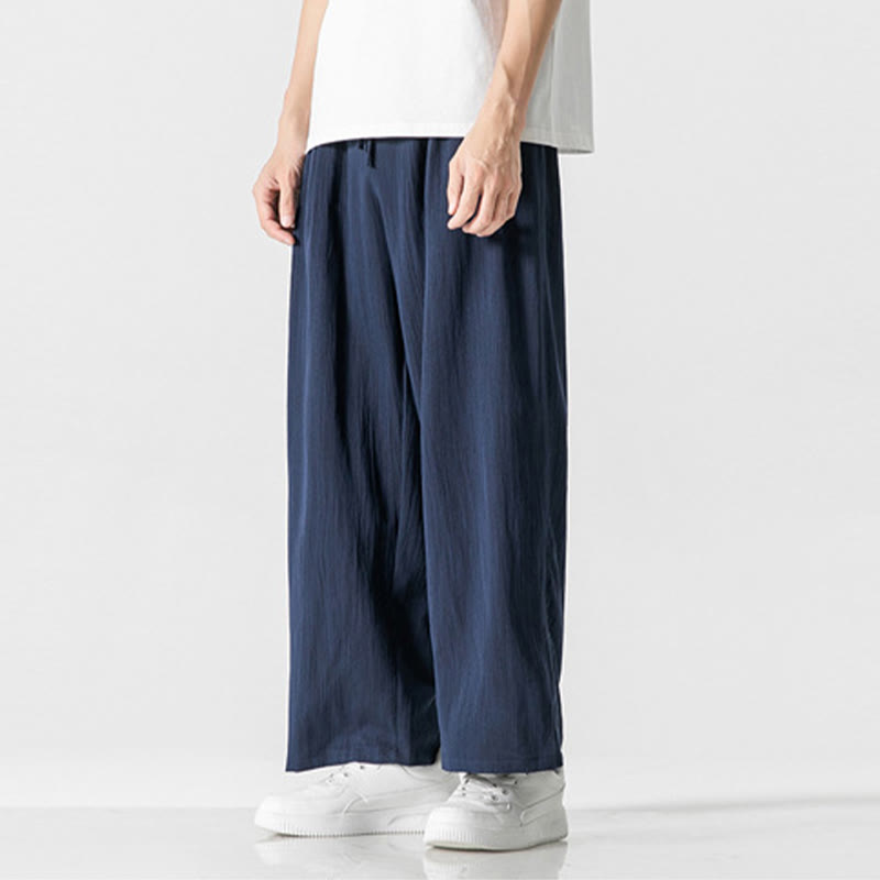 Buddha Stones Letnie Luźne Proste Spodnie Męskie Bawełniane Lniane Ściągane Sznurkiem Z Kieszeniami - image 22