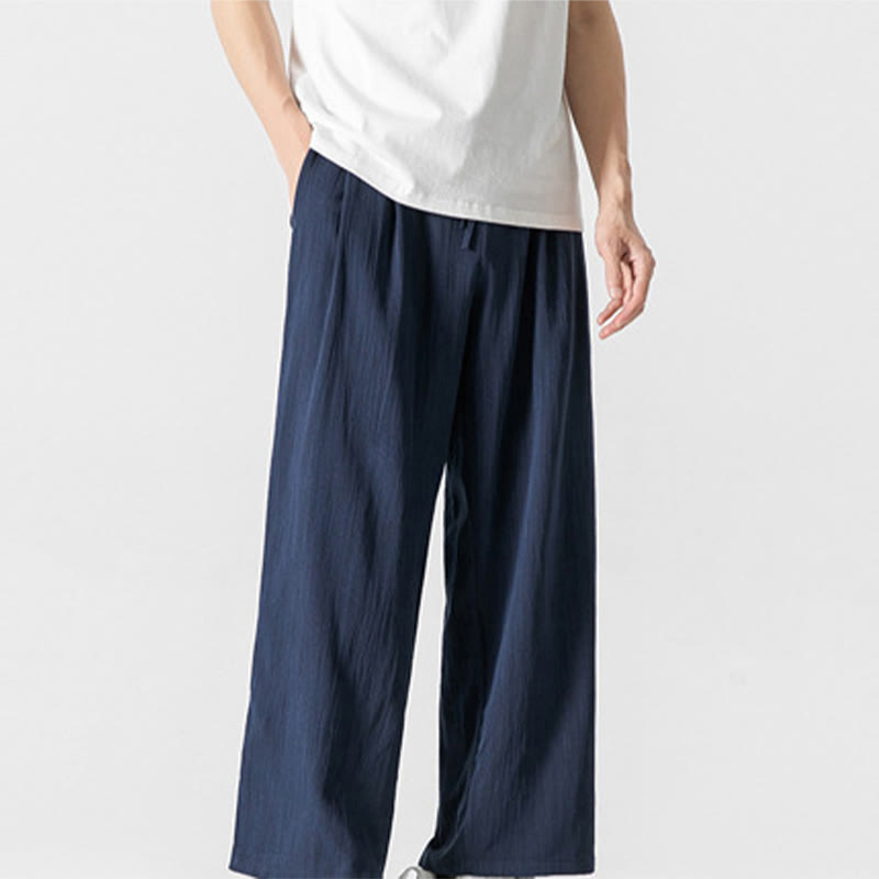 Buddha Stones Letnie Luźne Proste Spodnie Męskie Bawełniane Lniane Ściągane Sznurkiem Z Kieszeniami - image 26