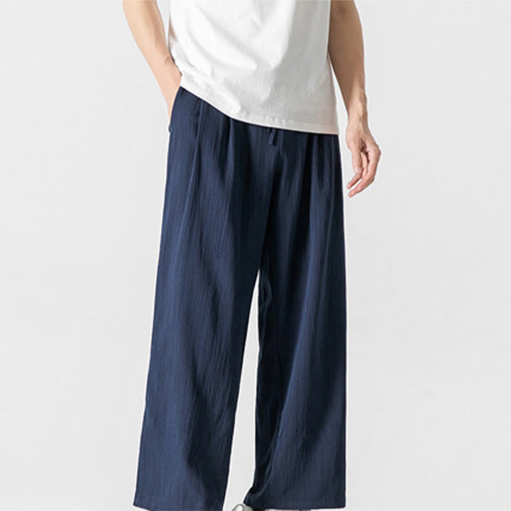 Buddha Stones Letnie Luźne Proste Spodnie Męskie Bawełniane Lniane Ściągane Sznurkiem Z Kieszeniami - image 26