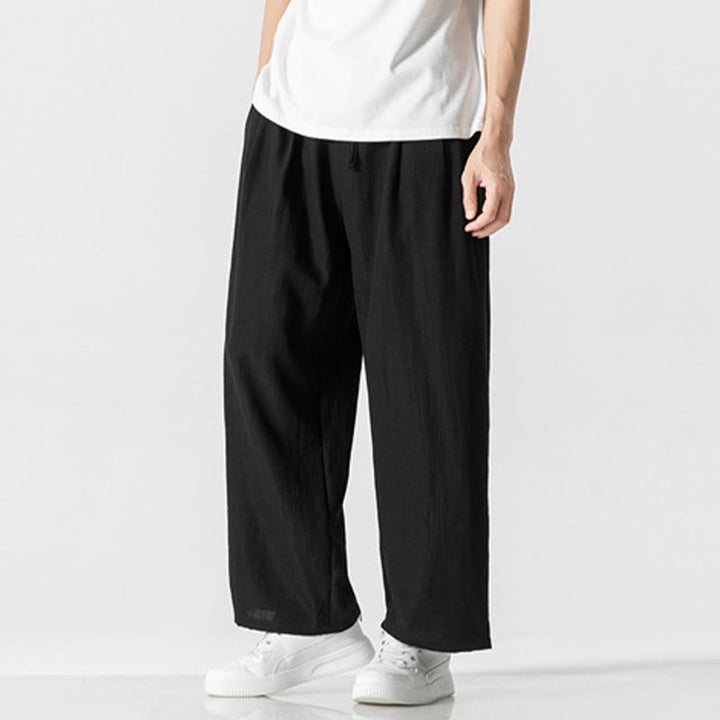 Buddha Stones Letnie Luźne Proste Spodnie Męskie Bawełniane Lniane Ściągane Sznurkiem Z Kieszeniami - image 14