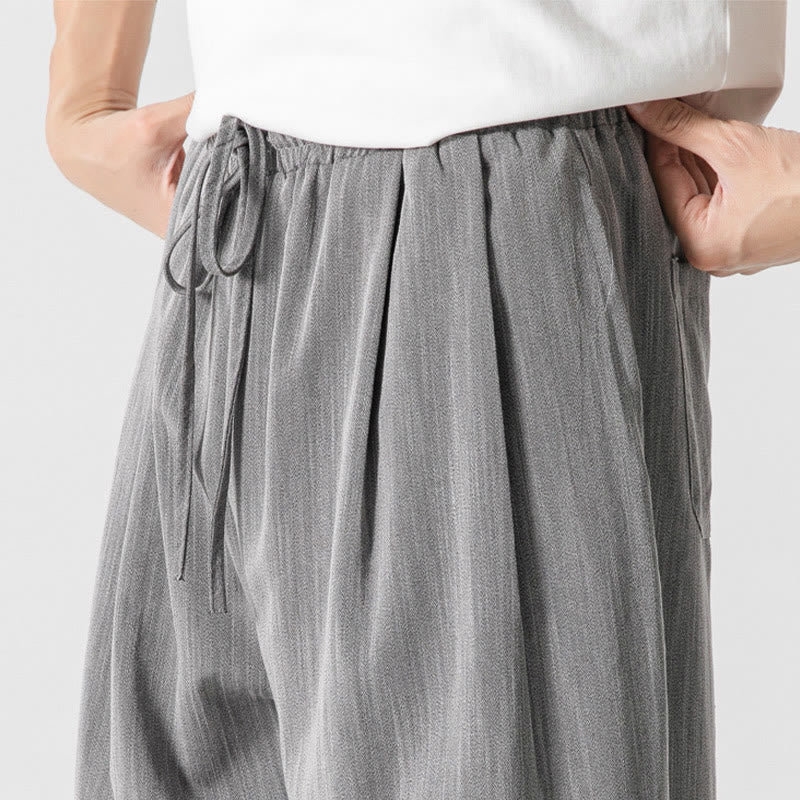 Buddha Stones Letnie Luźne Proste Spodnie Męskie Bawełniane Lniane Ściągane Sznurkiem Z Kieszeniami - image 9