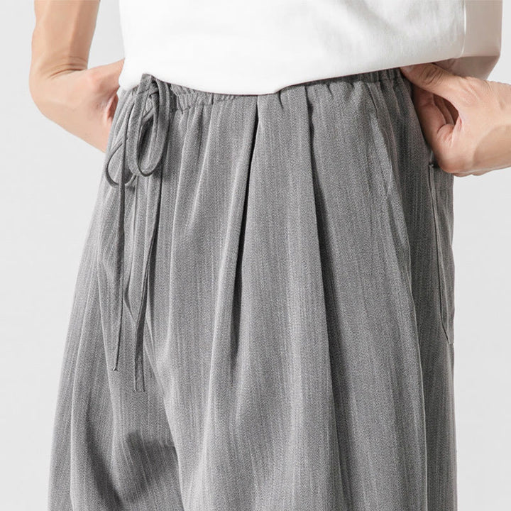 Buddha Stones Letnie Luźne Proste Spodnie Męskie Bawełniane Lniane Ściągane Sznurkiem Z Kieszeniami - image 9