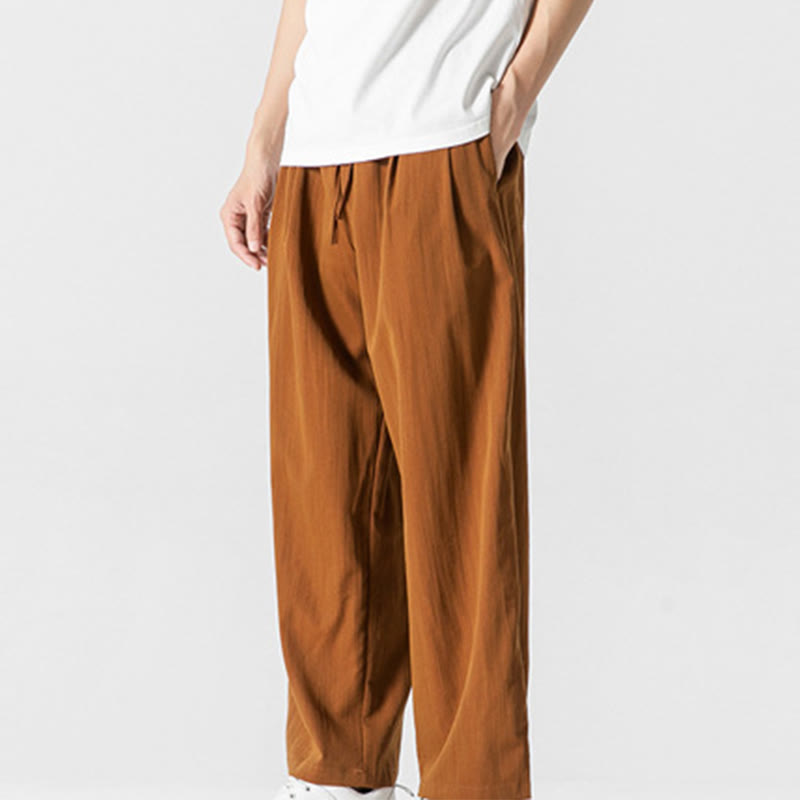 Buddha Stones Letnie Luźne Proste Spodnie Męskie Bawełniane Lniane Ściągane Sznurkiem Z Kieszeniami - image 32