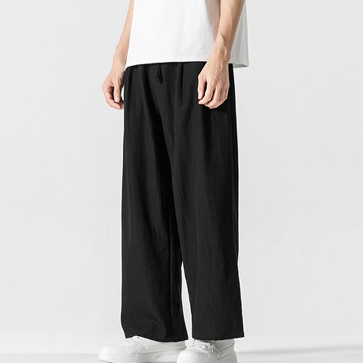 Buddha Stones Letnie Luźne Proste Spodnie Męskie Bawełniane Lniane Ściągane Sznurkiem Z Kieszeniami - image 16