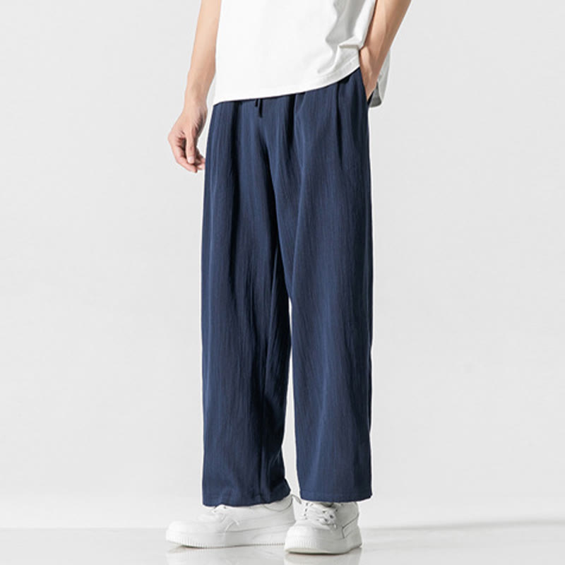 Buddha Stones Letnie Luźne Proste Spodnie Męskie Bawełniane Lniane Ściągane Sznurkiem Z Kieszeniami - image 21