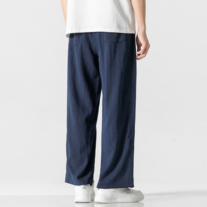 Buddha Stones Letnie Luźne Proste Spodnie Męskie Bawełniane Lniane Ściągane Sznurkiem Z Kieszeniami - image 23