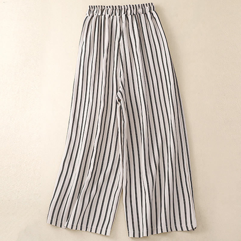 Spodnie damskie Buddha Stones Casual Acrylic Stripe Lace-up z szerokimi nogawkami i kieszeniami