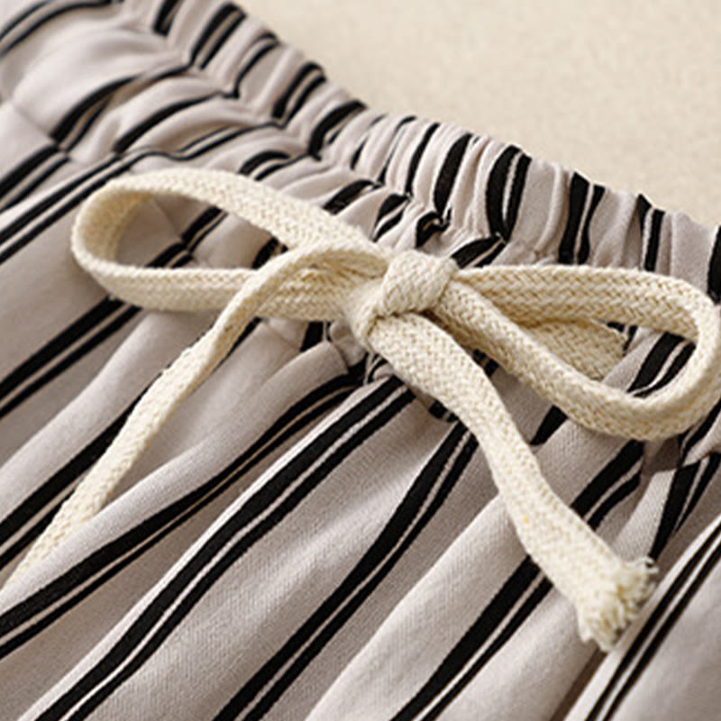 Spodnie damskie Buddha Stones Casual Acrylic Stripe Lace-up z szerokimi nogawkami i kieszeniami