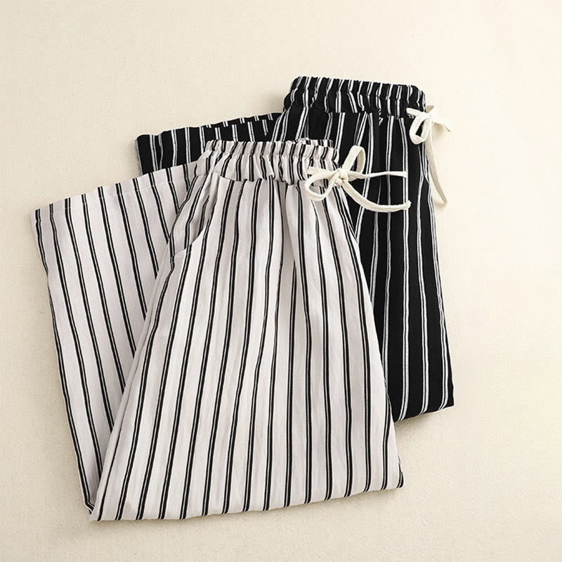 Spodnie damskie Buddha Stones Casual Acrylic Stripe Lace-up z szerokimi nogawkami i kieszeniami